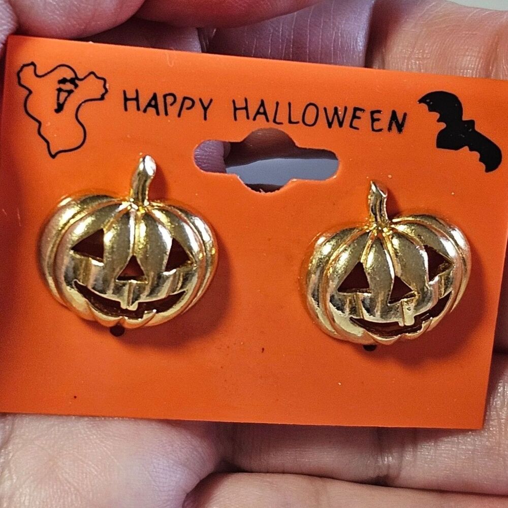 Gold Tone Pumpkin Earrings Jack-o'-lantern Dainty Halloween Festive Fall